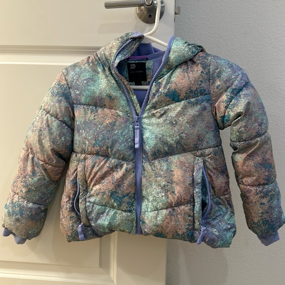 All in Motion Girls' Short Puffer Jacket Size XS (4/5) Tie Dye Purple